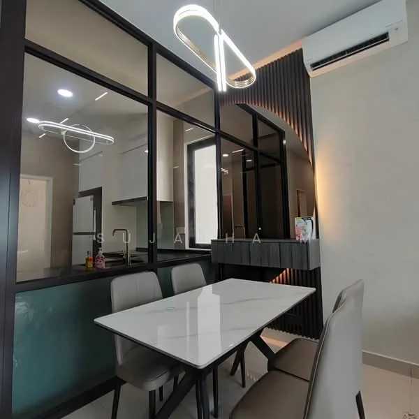 Dining features: marble dining table, upholstered dining chairs, modern pendant lighting, wall-mounted split AC, glass partition, dark wood paneling, white walls, recessed lighting; style: modern. Kitchen features: white cabinetry, stainless-steel sink, built-in oven, cooktop, countertop with backsplash; style: modern.