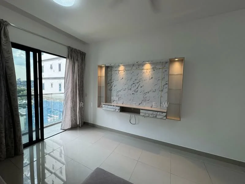 Living features: white painted walls, marble feature wall, floor-to-ceiling windows, sliding glass door, curtains, recessed LED downlights, glossy tile flooring, built-in TV console; style: modern; view: city.