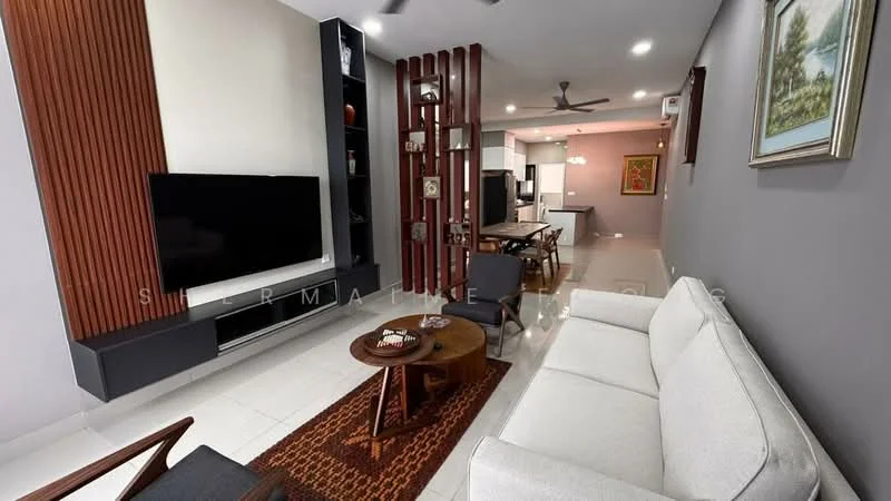 Living features: white painted walls, grey accent wall, wood panel feature wall, recessed downlights, 5-blade ceiling fan, wall-mounted TV, TV console, coffee table, area rug with geometric pattern, 3-seater fabric sofa in white, armchair, decorative artwork, open shelving; style: modern.