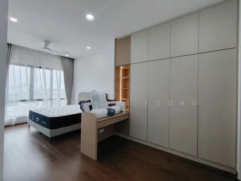 Bedroom features: queen-size bed, upholstered headboard, built-in wardrobe with sliding doors, wooden flooring, 5-blade ceiling fan, floor-to-ceiling windows, sheer curtains, decorative wall lighting, study desk with shelving, neutral wall colour; style: modern; view: city.