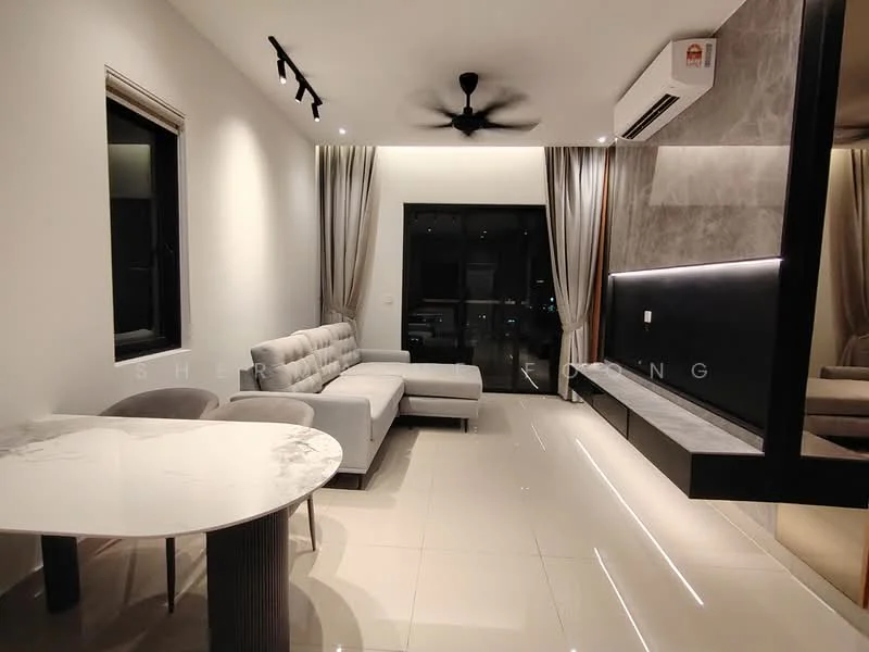 Living features: 3-seater fabric sofa in light grey, marble-top coffee table, wall-mounted TV, TV console with backlighting, floor-to-ceiling windows, sheer curtains, recessed LED downlights, ceiling fan, polished ceramic tile flooring, decorative wall paneling, area rug; style: modern; view: city.