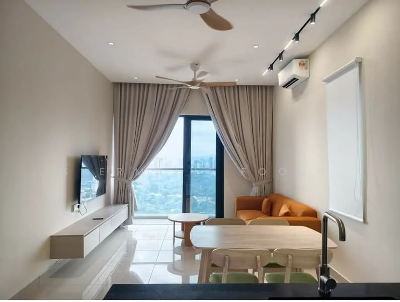 Living features: floor-to-ceiling windows, curtains, 3-blade ceiling fan, wall-mounted TV, TV console, sofa in orange, coffee table, dining table with chairs, air conditioning unit, light-colored walls, tile flooring, recessed downlights; style: modern; view: city.