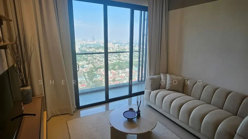 Living features: floor-to-ceiling windows, curtains, 3-seater fabric sofa in beige, coffee table, TV console, wall-mounted TV, area rug, city view; style: modern; view: city.