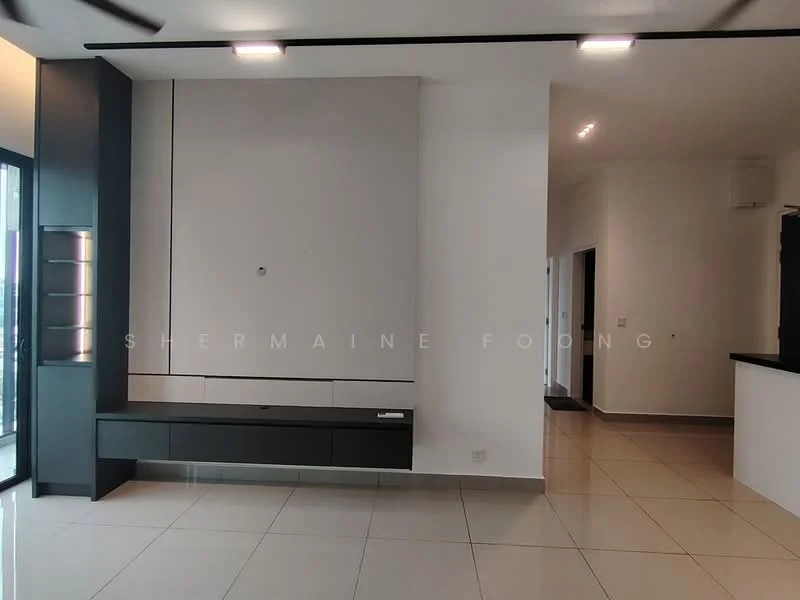 Living features: white painted walls, glossy tile flooring, black built-in TV console, recessed lighting, open layout, large glass sliding door, neutral color palette, minimalist design; style: modern.