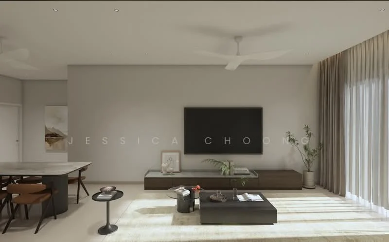 Living features: light grey painted walls, white ceiling with recessed downlights, 5-blade ceiling fan, large wall-mounted TV, dark wood TV console, light wood coffee table, beige area rug, large windows with sheer curtains, indoor plant in ceramic pot, dining table with dark wood chairs, abstract artwork on wall; style: modern.