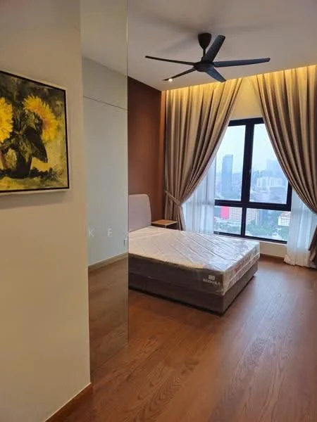 Bedroom features: king-size bed, upholstered headboard, wooden flooring, floor-to-ceiling windows, sheer curtains, blackout curtains, 5-blade ceiling fan with light, framed artwork, decorative mirror, built-in wardrobe; style: modern; view: city.