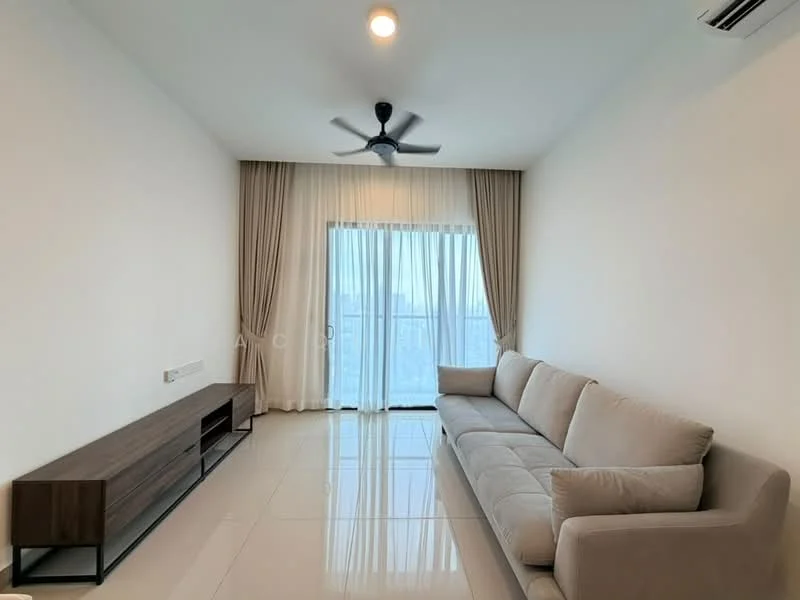 Living features: 3-seater fabric sofa in beige, wooden TV console, floor-to-ceiling sliding glass door, sheer curtains, 5-blade ceiling fan with light, white painted walls, glossy tile flooring, balcony view; style: modern; view: city.