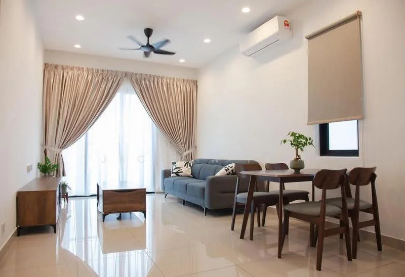 Living features: 3-seater fabric sofa in grey, wooden coffee table, 4-seater dining table, 4 wooden dining chairs, floor-to-ceiling windows, sheer curtains, recessed downlights, ceiling fan, wall-mounted split AC, glossy tile flooring, decorative plant in ceramic pot, light-coloured painted walls; style: modern.