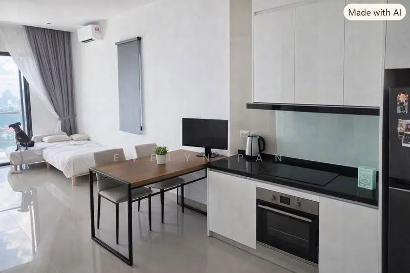 Living features: white painted walls, grey curtains, floor-to-ceiling windows, marble tile flooring, black countertop, white cabinetry, built-in oven, stainless-steel fridge, dining table for 4, black chair, wall-mounted air conditioning unit, bed with white bedding; style: modern; view: city.