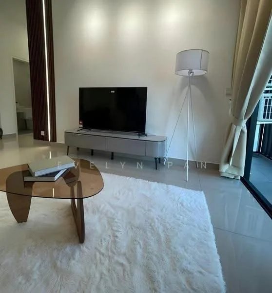 Living features: white walls, polished tile flooring, floor-to-ceiling windows, sheer curtains, light-colored sofa, wooden coffee table, TV console, wall-mounted TV, decorative rug, standing lamp; style: modern.