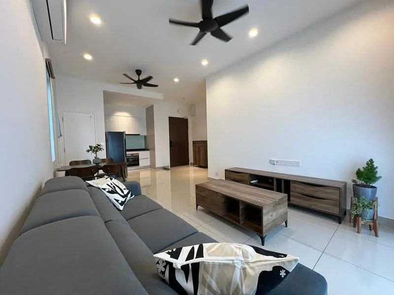 Living features: 3-seater fabric sofa in grey, wooden coffee table, TV console, wall-mounted TV, 2 ceiling fans, white painted walls, glossy tile flooring, decorative plant in pot, dining table with chairs visible in background, open layout to kitchen, recessed LED downlights; style: modern.