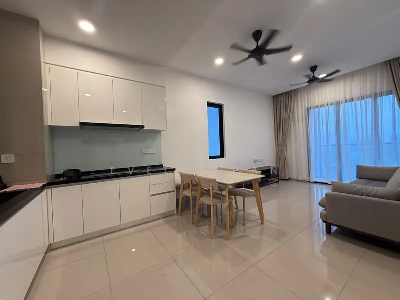 Living features: white cabinets with flat-panel design, black countertop, stainless-steel sink, chrome pull-down faucet, 4-seater dining table, light wood dining chairs, 3-seater fabric sofa in light grey, floor-to-ceiling windows, sheer curtains, recessed downlights, 2 ceiling fans, glossy tile flooring, air conditioning unit; style: modern; view: city.