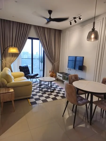 Living features: 3-seater fabric sofa in light green, black and white checkered area rug, round dining table, 4 upholstered dining chairs, wall-mounted TV, TV console, floor lamp, ceiling fan, curtains, large window with city view, decorative plant, wall paneling; style: modern; view: city.