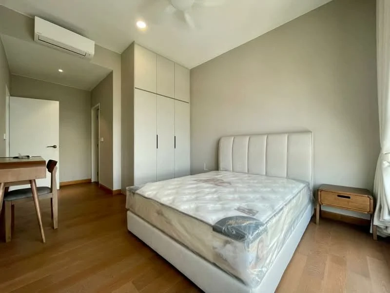 Bedroom features: queen-size bed with upholstered headboard, wooden bedside table, built-in wardrobe with sliding doors, study desk, 1 wall-mounted split AC, light-colored painted walls, wooden flooring, sheer curtains, ceiling fan; style: modern.