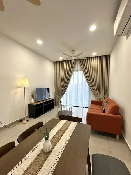 Living features: orange fabric sofa, 3-seater sofa, wooden coffee table, TV console, wall-mounted TV, floor lamp, ceiling fan, recessed LED downlights, curtains, sliding glass door, tile flooring, white painted walls; style: modern; view: city.