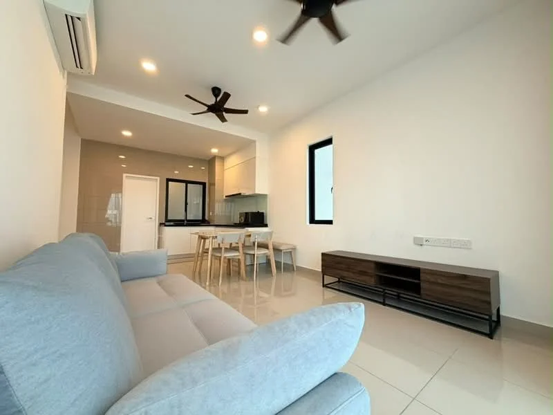 Living features: 3-seater fabric sofa in light grey, wooden TV console, ceiling fan with light, recessed downlights, glossy tile flooring, white painted walls, floor-to-ceiling window, open-plan layout to kitchen, dining area with wooden dining table and chairs; style: modern. Kitchen features: white cabinetry, stainless-steel sink, built-in oven, 4-burner gas hob, black countertop, tile backsplash, refrigerator, open shelving; style: modern.