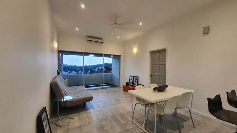 Living features: light grey painted walls, tile flooring, 5-blade ceiling fan, recessed downlights, floor-to-ceiling sliding glass door, balcony access, sofa bed in beige, white dining table, 4 white dining chairs, decorative bowl on table, framed artwork on wall, wall-mounted air conditioning unit; style: modern; view: mountain.