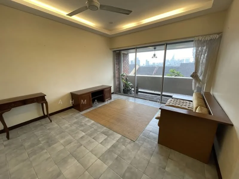 Living features: light grey tiled flooring, cream painted walls, tray ceiling with recessed lighting, 5-blade ceiling fan, large sliding glass door, sheer curtains, wooden coffee table, wooden console table, sofa with beige upholstery, area rug with natural fibers, balcony view of city skyline; style: modern; view: city.