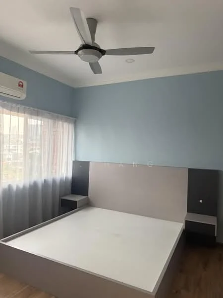 Bedroom features: 5-blade ceiling fan, floor-to-ceiling window, sheer curtains, light blue painted walls, wooden flooring, built-in bedside tables, unupholstered bed frame, air conditioning unit; style: modern; view: city.