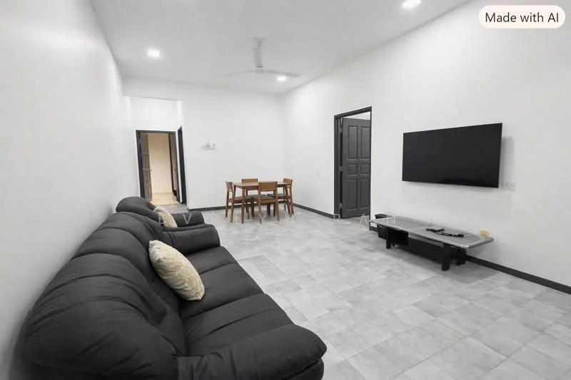 Living features: black fabric 3-seater sofa, 2 decorative cushions, grey tile flooring, white painted walls, recessed LED downlights, wall-mounted TV, TV console, dining table with 4 chairs, ceiling fan; style: modern.