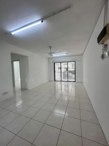 Room features: white painted walls, white ceiling, tile flooring, ceiling fan, LED strip lighting, large windows with security bars, open layout, natural light; style: modern.