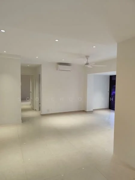 Room features: white painted walls, polished tile flooring, recessed downlights, 1 wall-mounted split AC, ceiling fan, open layout, natural light from windows, neutral color scheme; style: modern.