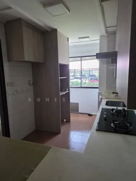 Kitchen features: wood cabinetry, countertop, double-bowl stainless-steel sink, chrome pull-down faucet, 4-burner gas hob, exhaust hood, window with view of exterior, tile flooring, white tiled walls, open shelving, built-in pantry, light fixtures; style: modern; view: garden.