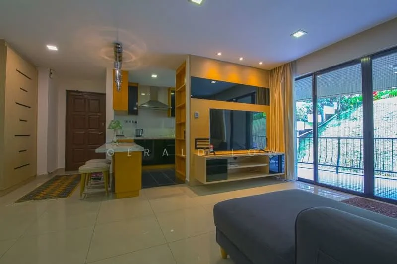 Living features: grey fabric sofa, flat-screen TV on wall-mounted unit, wooden TV console, open shelving unit, kitchenette with built-in cabinets, black countertop, stainless-steel sink, chrome faucet, recessed downlights, large sliding glass door, curtains, cream tiled flooring, decorative rug; style: modern; view: garden.