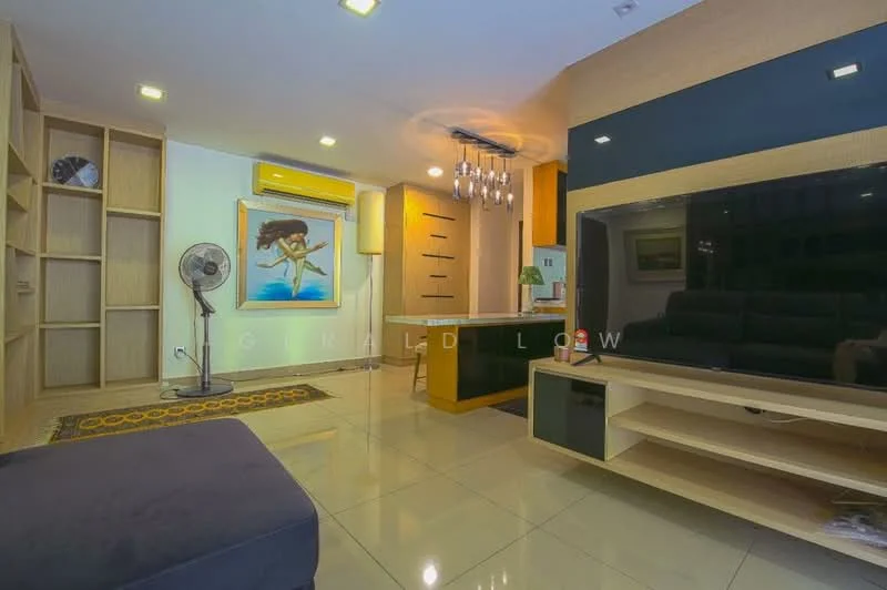 Living features: cream painted walls, glossy tile flooring, recessed downlights, chandelier, large wall-mounted TV, light wood cabinetry, black sofa, open shelving unit, decorative painting, air conditioning unit, ceiling fan, area rug with geometric pattern; style: modern.