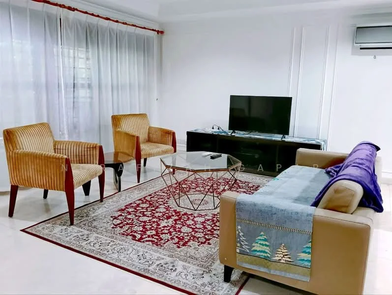 Living features: 3-seater sofa in beige, purple throw blanket on sofa, 2 armchairs in striped fabric, glass coffee table with geometric base, area rug with red and cream pattern, wall-mounted TV, black TV console, floor-to-ceiling windows with sheer curtains, wall-mounted split AC, white painted walls, marble flooring; style: modern.