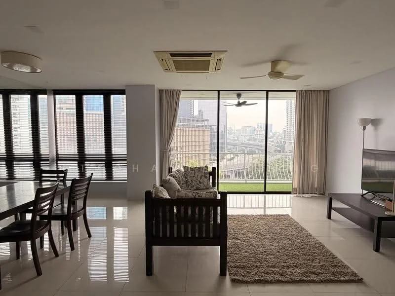 Living features: floor-to-ceiling windows, sliding glass door, curtains, 5-blade ceiling fan, recessed downlights, wall-mounted TV, TV console, area rug, sofa with cushions, coffee table, dining table with chairs; style: modern; view: city.