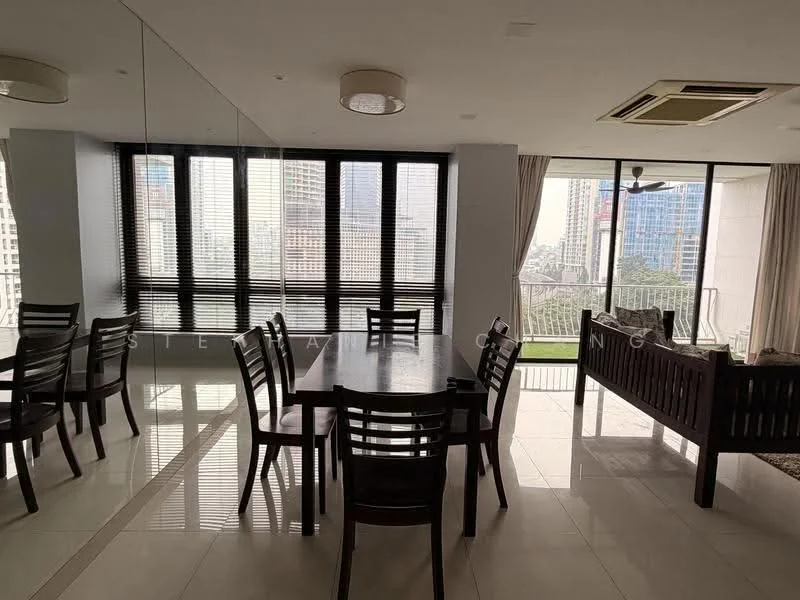 Dining features: dining table with 6 chairs, floor-to-ceiling windows, sliding glass door, white painted walls, tile flooring, air conditioning unit, curtains, mirror wall, outdoor view; style: modern; view: city. Room features: sofa, wooden frame, decorative cushions.
