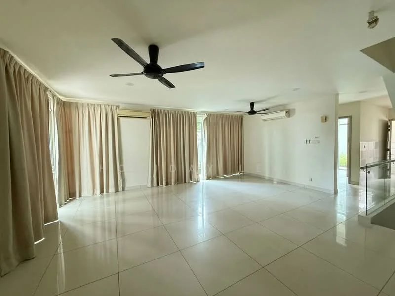 Living features: white painted walls, glossy white tile flooring, 2 ceiling fans, floor-to-ceiling windows, sheer curtains, air conditioning unit, natural light, open layout; style: modern; view: garden.