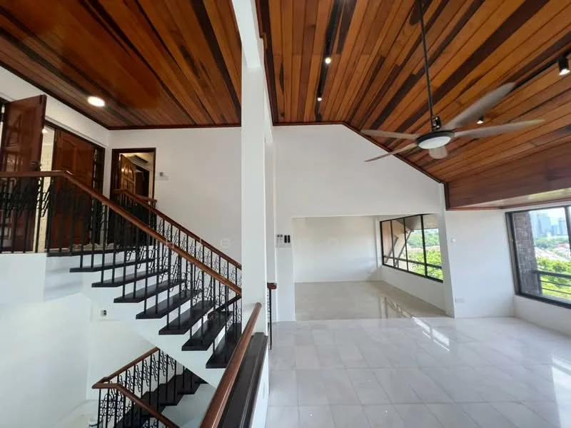 Living features: white painted walls, polished ceramic tile flooring, exposed wooden ceiling with beams, 5-blade ceiling fan, large windows with city view, open layout, staircase with wrought iron railing, natural light from multiple angles; style: modern; view: city. Room features: white painted walls, polished ceramic tile flooring, exposed wooden ceiling with beams, 5-blade ceiling fan, large windows with city view, open layout, staircase with wrought iron railing, natural light from multiple angles.