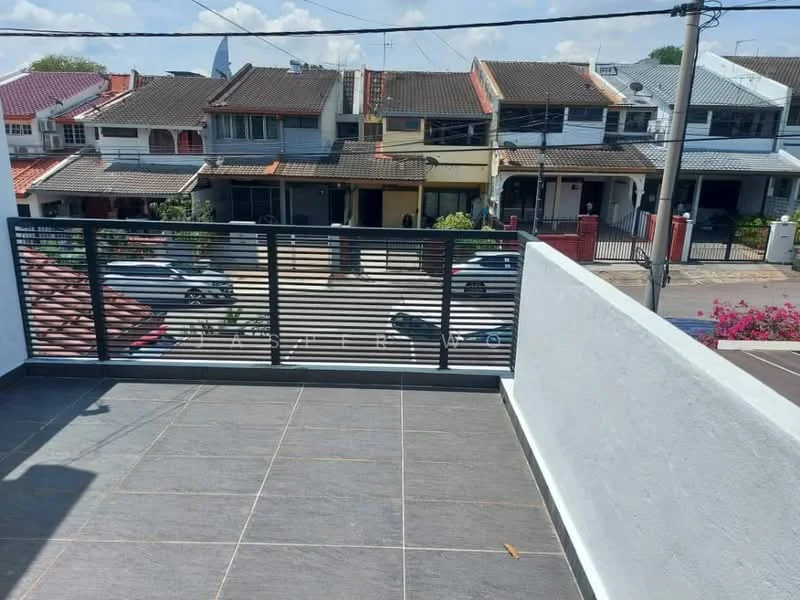 Exterior features: terrace with tiled flooring, metal railing, view of neighboring houses, street view, overhead power lines, potted plants in the foreground; style: modern.