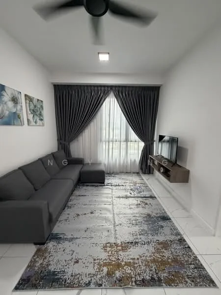 Living features: 3-seater fabric sofa in grey, area rug with abstract pattern, wall-mounted TV, TV console, floor-to-ceiling windows, sheer curtains, blackout curtains, ceiling fan, white painted walls, recessed downlights; style: modern.
