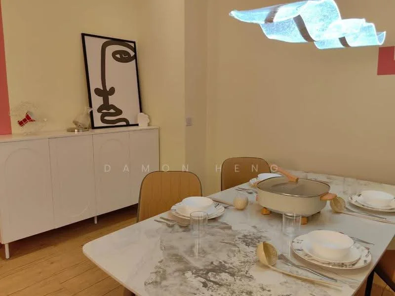Dining features: marble dining table, 4 dining chairs, white sideboard cabinet, decorative artwork on wall, table setting with plates and cutlery, wooden flooring, minimalist decor, soft lighting; style: modern.