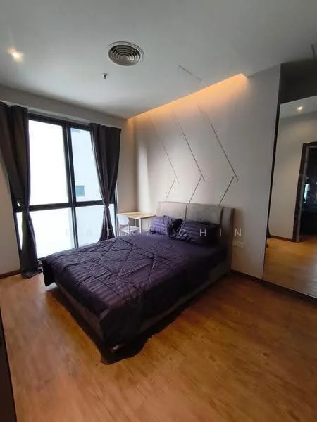 Bedroom features: queen-size bed with dark bedding, upholstered headboard, wooden flooring, floor-to-ceiling window, blackout curtains, nightstand, decorative wall lighting, full-length mirror, accent wall with geometric pattern; style: modern.