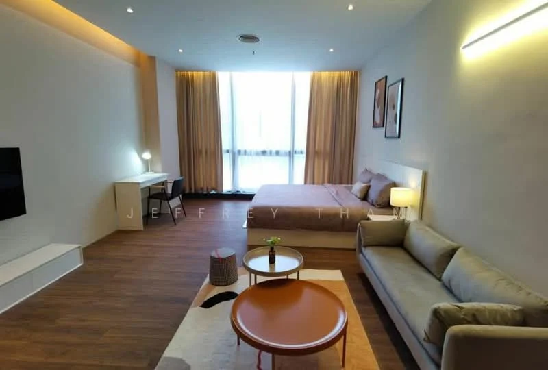 Living features: queen-size bed with upholstered headboard, 2 bedside lamps, sofa in light grey fabric, coffee table with round orange top, area rug with neutral color, wooden flooring, large window with sheer curtains, wall-mounted TV console, desk with lamp, decorative wall art; style: modern.