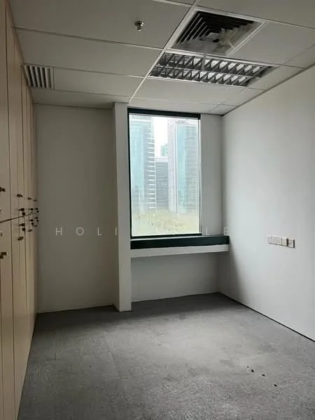 Room features: white painted walls, grey carpet flooring, floor-to-ceiling window, window with city view, built-in cabinets, ceiling tiles with recessed lighting, air conditioning vent, power outlets; style: modern; view: city.