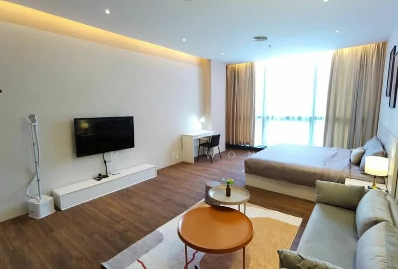 Living features: wooden flooring, cream painted walls, recessed downlights, floor-to-ceiling windows, sheer curtains, queen-size bed, upholstered headboard, 2-seater fabric sofa in grey, coffee table, TV console, wall-mounted TV, study desk, decorative vase on table, area rug with geometric pattern; style: modern; view: city.