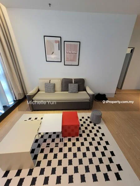 Living features: 3-seater sofa in beige and grey, coffee table with white top and metal legs, red accent cube table, black and white area rug with geometric pattern, framed artwork on walls, floor-to-ceiling windows with sheer curtains, light wood flooring, decorative black and white striped storage basket; style: modern.