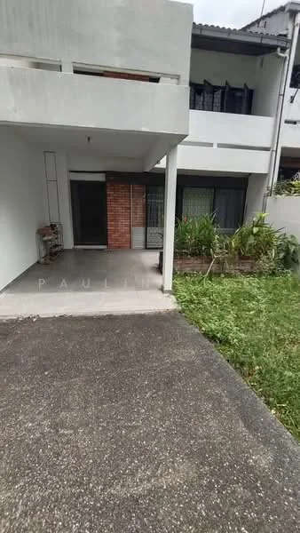 Exterior type: linked terrace house; features: concrete facade, brick accent wall, covered porch, manicured lawn, paved driveway, garden area with plants, two-storey structure, windows with black grills; style: modern.