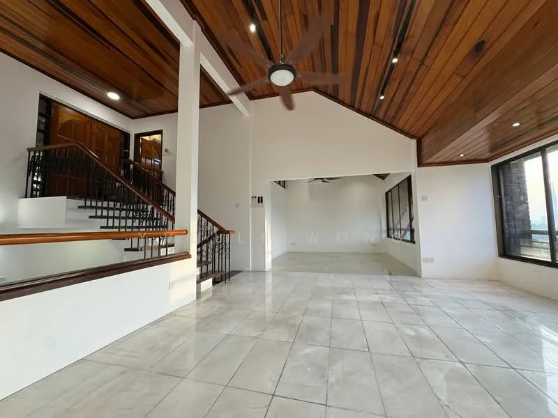 Living features: high ceiling with wooden beams, ceiling fan, large windows with natural light, white painted walls, marble tile flooring, open layout, staircase with wooden railing, wooden accents on ceiling; style: modern. Room features: white painted walls, marble tile flooring, large windows with natural light.