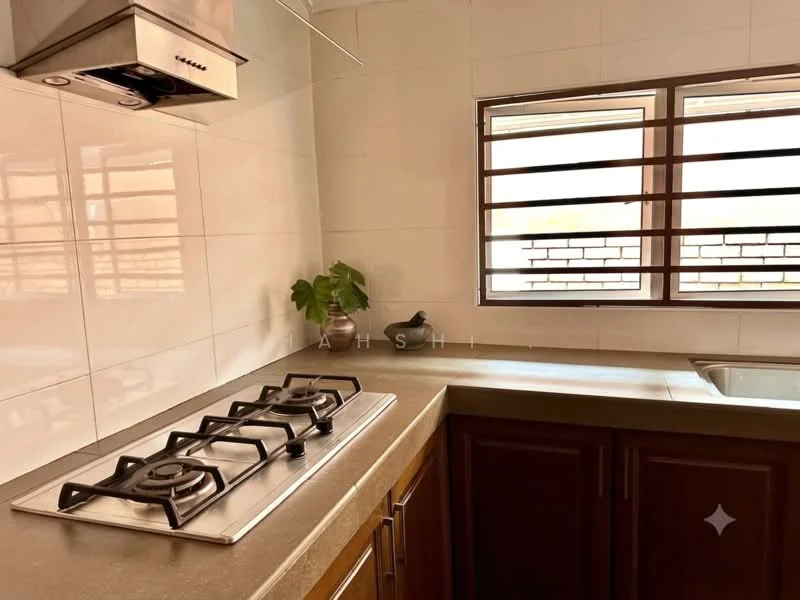 Kitchen features: stainless-steel gas hob, single-bowl stainless-steel sink, brown wooden cabinetry, grey countertop, white tiled walls, window with horizontal slats, green plant on countertop, exhaust hood; style: modern.