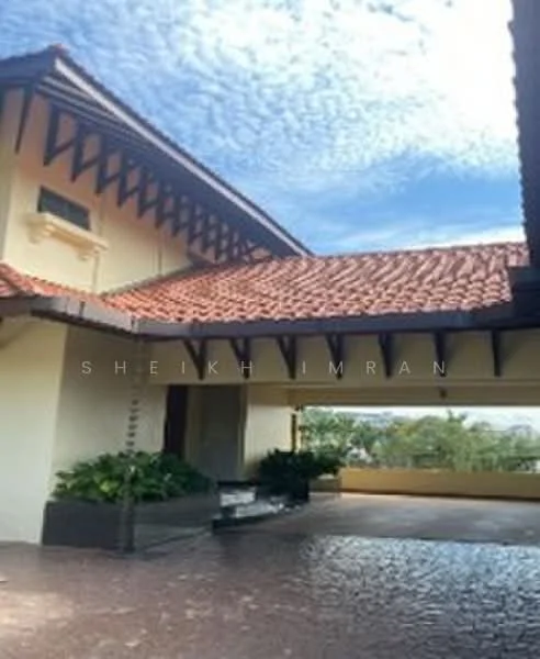 Exterior type: detached bungalow; features: red tile roof, cream painted facade, exposed wooden beams, stone steps leading to entrance, manicured landscaping, paved driveway, surrounded by greenery, large windows, balcony with railing; style: traditional.