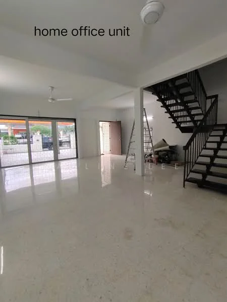 Room features: polished marble flooring, white painted walls, ceiling fan, large sliding glass doors, staircase with metal railing, open layout, natural light from windows, unfinished area with ladder and furniture; style: modern; view: garden.