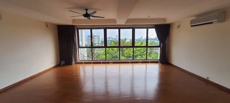 Living features: wooden flooring, floor-to-ceiling windows, sliding glass door, curtains, 5-blade ceiling fan with light, wall-mounted split AC, neutral painted walls, recessed downlights; style: modern; view: city.