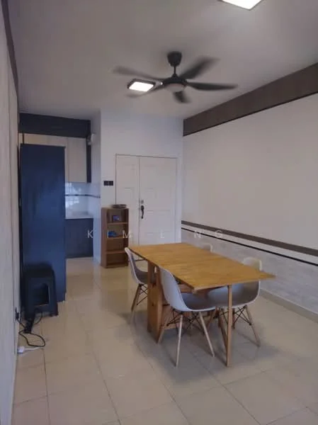 Dining features: dining table with wooden legs, 4 white plastic dining chairs, ceiling fan, light-colored tiled flooring, white painted walls, kitchen area visible in background, wooden accent wall, recessed ceiling lights; style: modern. Kitchen features: kitchen cabinetry, stainless-steel fridge, white backsplash, countertop with storage below; style: modern.
