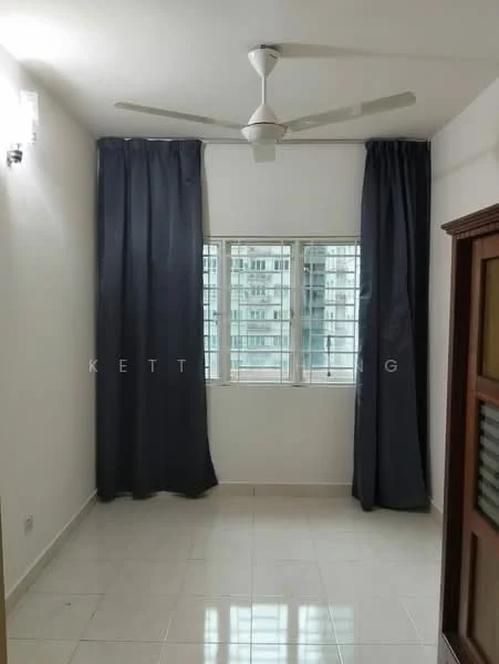 Room features: white painted walls, glossy tile flooring, 5-blade ceiling fan, floor-to-ceiling window, dark curtains, window with metal grille, built-in wooden cabinet; style: modern; view: city.